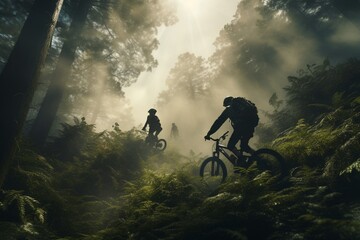 Photograph of people practicing extreme sports in the forest, Generative AI