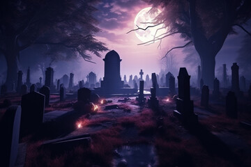 満月と墓地のハロウィーン背景。ソフトな色彩、ミニマリスト、明るい背景　Generative AI

