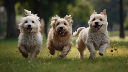 Three small dogs running over a green short cutted meadow iin a park. Generative AI.