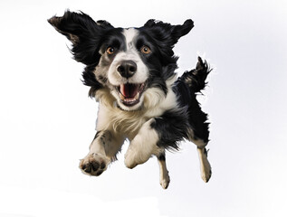 Cute black and white happy playful border collie dog puppy  jumping in air, playing and smiling isolated on transparent background