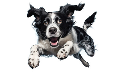 Cute happy playful black and white border collie dog jumping in air, playing and smiling isolated on transparent background