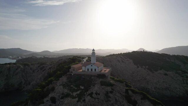 4k video drone view. Lighthouse structure near the coast, Capdepera, Mallorca