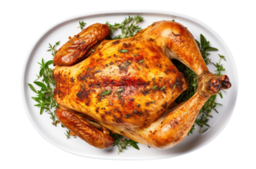 Roasted turkey on the plate isolated on transparent background