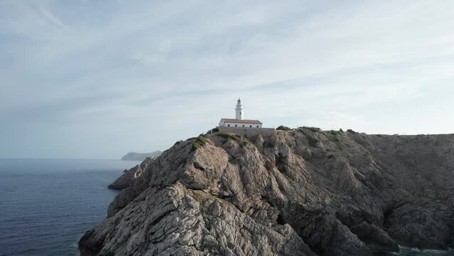 4k video drone view. Lighthouse structure near the coast, Capdepera, Mallorca