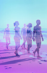 a photo of people walking along a beach,people walking on the beach,Abstract Virtual Neon Photography