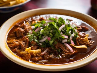 Birria Consomé, focused on the rich, velvety broth filled with chunks of meat, and a freshly made garnish of chopped onions and cilantro