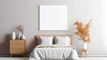 interior of bedroom Blank Canvas Frame Mockup on White Wall created with Generative AI Technology