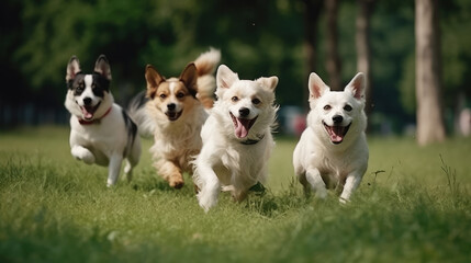 Naklejka na ściany i meble Group of little dogs running over a green meadow. Generative AI.