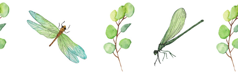 Seamless pattern green leaves trees and dragonfly, foliage of natural branches, green leaves, herbs, tropical plants hand drawn watercolor on white background.