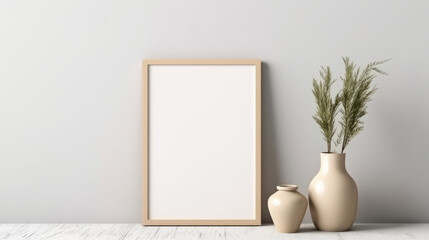 Blank Canvas Frame Mockup on White Wall created with Generative AI Technology