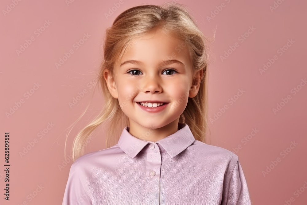 Wall mural Portrait of a smiling little girl in a pink shirt on a pink background