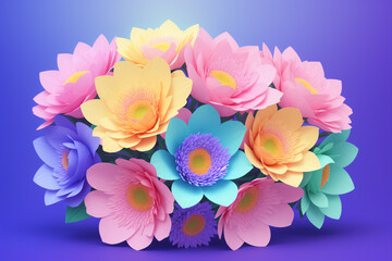 Flower Bouquet Illustration. Differnt colors bouquet arrangement with purple gradient background. Generative AI.