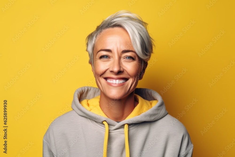 Wall mural Portrait of happy mature woman in hoodie smiling at camera over yellow background - Wall murals