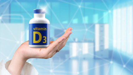 Vitamin D3. Doctor's hand with medicine. Medical device for immunity. Vitamin D3 in package....