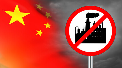 Closing of factory in China. Signboard with strikethrough factory. Flag of people's republic of China. PRC industry. Closing factories. Problems in industrial sector of economy. 3d image