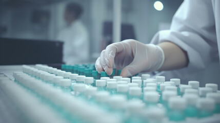 Close up of hands of a worker in a laboratory working with medicine bottles. Generative AI.