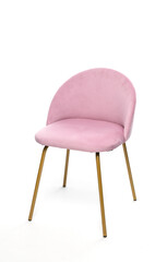 Modern textile chair. Pink velvet upholstery chair with gold metal base on white background....