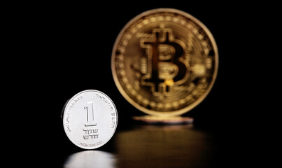 1 israel shekel coin and bitcoin cryptocurrency symbol coin - obrazy, fototapety, plakaty