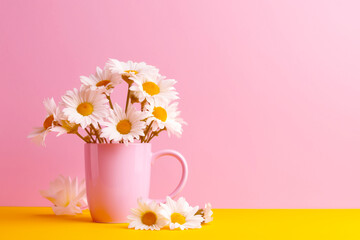 Pink mug with bunch of daisies. Generative AI