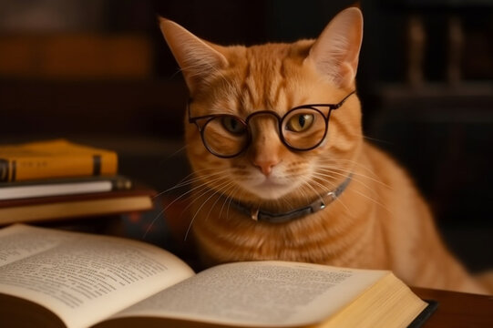 Ginger cute kitten in glasses reading book. Generative AI