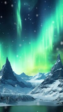 Vertical video of aurora borealis over a snow mountain