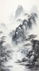  霧がかかった中国風の風景画、墨のグラデーション、Generative AI - obrazy, fototapety, plakaty