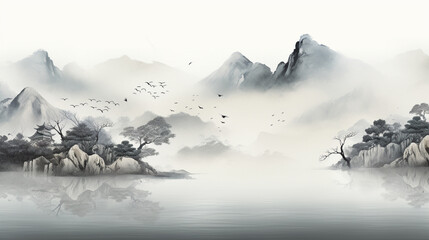 霧、中国風景画、墨のグラデーション、ソフトで繊細な線 - obrazy, fototapety, plakaty