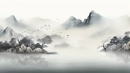 Foto op Plexiglas 霧、中国風景画、墨のグラデーション、ソフトで繊細な線 © ayame123