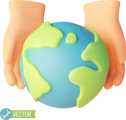 Vector hands holding Earth. Globe in the hands. Green planet with blue oceans. Saving the planet, ecology and environment