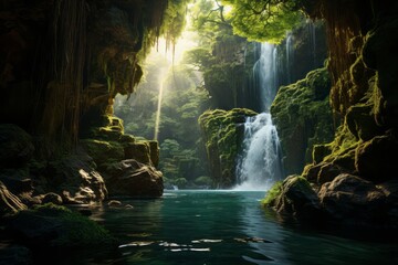 Majestic Waterfall Flowing Into a Deep Emerald Pool, Generative AI.