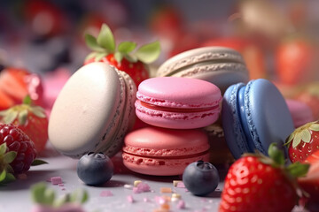 Fototapeta na wymiar Dreamy color scheme of macarons, food photography,colorful macaroons,a realistic colorful Sweet delicious macaroons with straberry