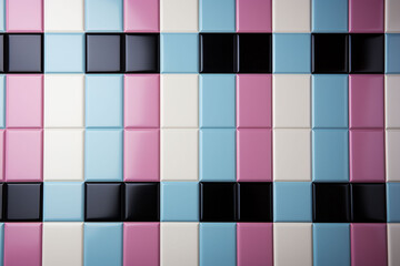 Mosaic tile patterns in pastel pink, slightly blue, black and white colours. Tiles for the bathroom wall or kitchen. Generative AI. Copy space.