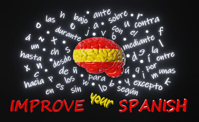 Spanish Learning Foreign language Improvement Human brain Spain flag color Letters articles word preposition vocabulary grammar 3d rendering. Studying Online course education Listening Reading Fluency