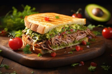 Gourmet Mexican sandwich with fresh meat and guacamole.