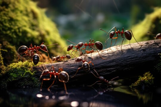 Close up of some ants in the forest at sunset.