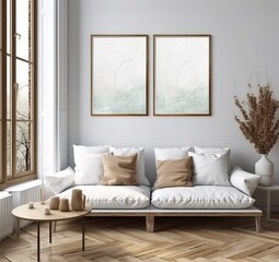 Mockup of a poster frame in a background of a minimalist modern living room interior, 3D render. Made with Generative AI technology