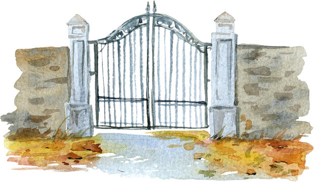 Watercolor old gate, PNG with transparent background