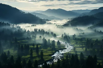 Rolgordijnen Mistig bos Misty Valley with Wisps of Fog Floating Through The Trees, Generative AI