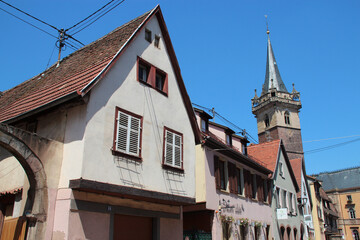 houses and belfry (called the chapel tower) in obernai in alsace (france)