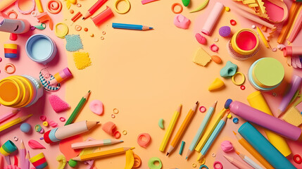Frame made of different school supplies on color background, top view. Space for text