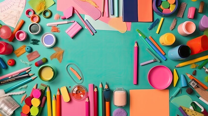 Top view of school supplies on green background. Back to school concept