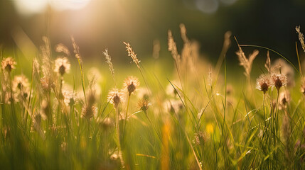 Sunset in the meadow with grass and flowers. Soft focus.