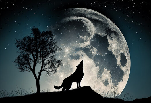 Wolf howling at the moon. AI Generated