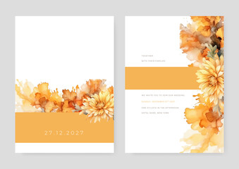 Watercolor wedding invitation template with romantic orange floral and leaves decoration