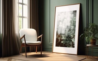 Mockup of a poster frame in a dark green living room interior, 3D render. Made with Generative AI technology