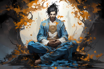 Fototapeta premium A young and handsome man sitting in a lotus pose and meditating, Generative AI
