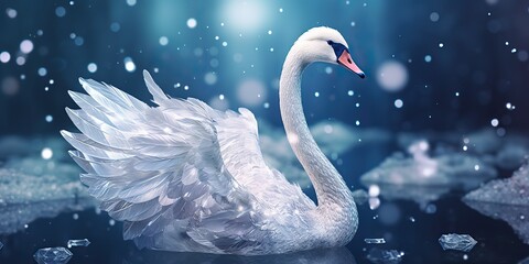 AI Generated. AI Generative. Winter snow ice cold swan bird. Elegance beautiful nature outdoor wild bird art. Graphic Art