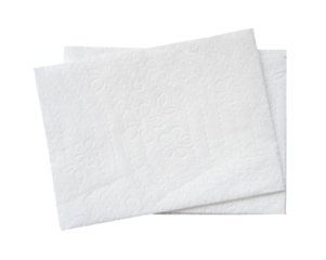 Top view of two folded pieces of white tissue paper or napkin in stack isolated on white background with clipping path in png file format.