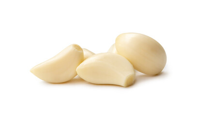 Peeled garlic cloves in stack isolated on white background with clipping path and shadow in png file format