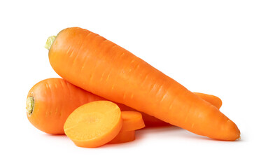 Two fresh orange carrots with slices in stack isolated on white background with clipping path. Close up of healthy vegetable root